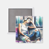 地下鉄で眠る聞女性と音楽 マグネット (正面/裏面)