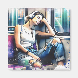 地下鉄で眠る聞女性と音楽 マグネット