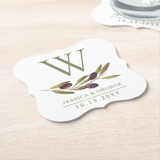 地中海のなオリーブの枝のカスタムなモノグラムの賢人 ペーパーコースター (アングル)