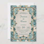 地中海のの結婚デザイン-ティール（緑がかった色）と金ゴールドモザイク 招待状 (正面)