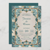 地中海のの結婚デザイン-ティール（緑がかった色）と金ゴールドモザイク 招待状 (正面/裏面)
