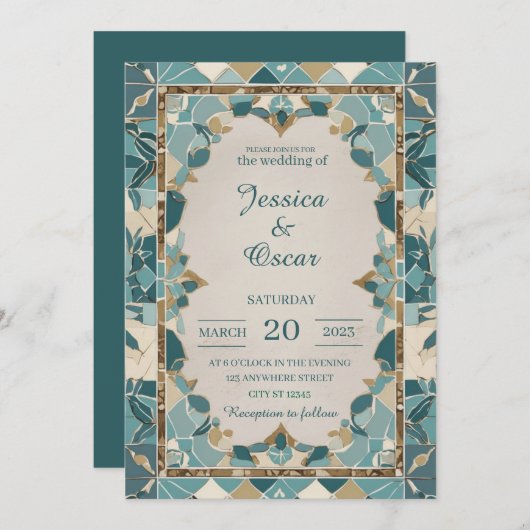 地中海のの結婚デザイン-ティール（緑がかった色）と金ゴールドモザイク 招待状 (正面/裏面)