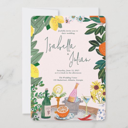 地中海のイタリアンギリレ結婚モンピンク 招待状 (正面)