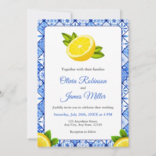 地中海のイタリアン青タイル結婚写真 招待状 (正面)