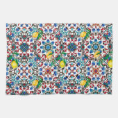 地中海のタイル，モザイク，レモン，夏アート キッチンタオル (横)