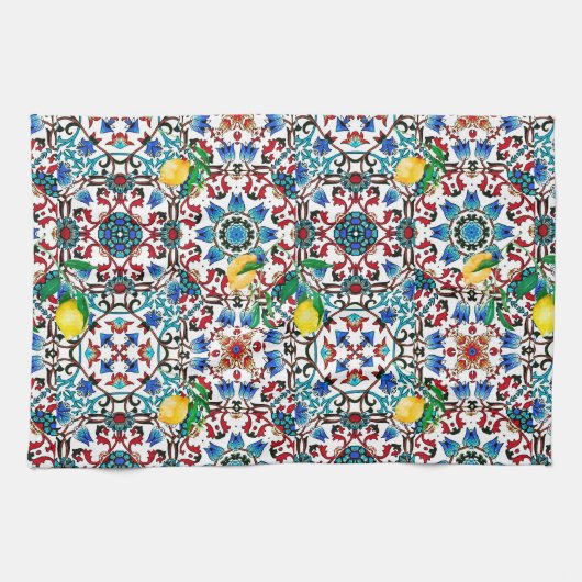 地中海のタイル,モザイク,レモン,夏アート キッチンタオル (横)