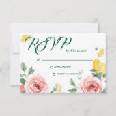 地中海のピンクバラとレモンの結婚式RSVP 出欠カード (正面)