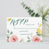 地中海のピンクバラとレモンの結婚式RSVP 出欠カード (スタンド正面)