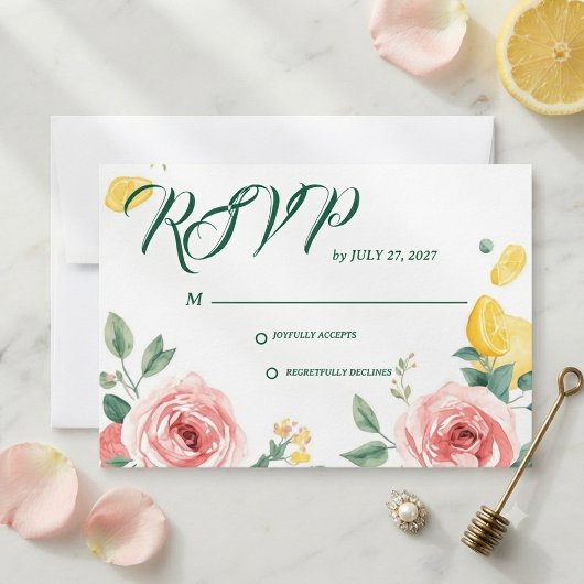 地中海のピンクバラとレモンの結婚式RSVP 出欠カード