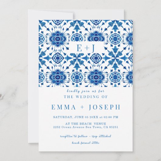 地中海のモダン青モザイク結婚モザイク 招待状 (正面)