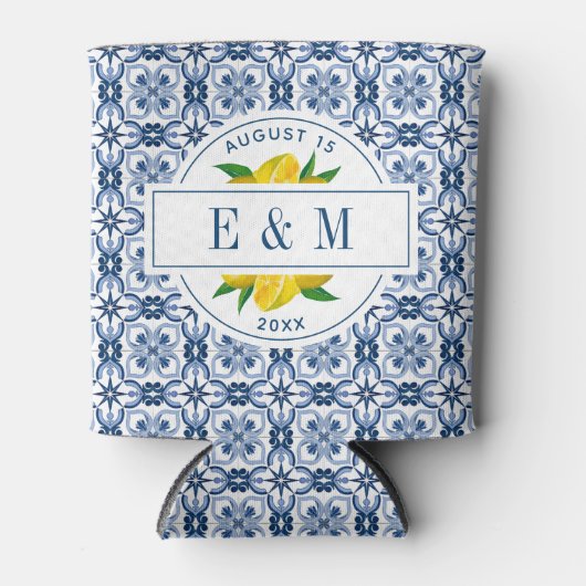 地中海のレモンブルー結婚タイル 缶クーラー (正面)