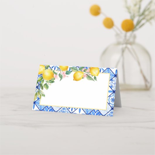 地中海のレモン イタリアン ブルータイル 食品ラベル プレイスカード (正面)