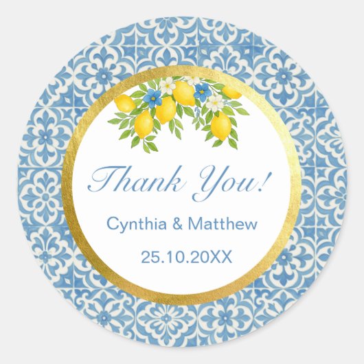 地中海のレモン & ブルータイル ラウンドシール (正面)