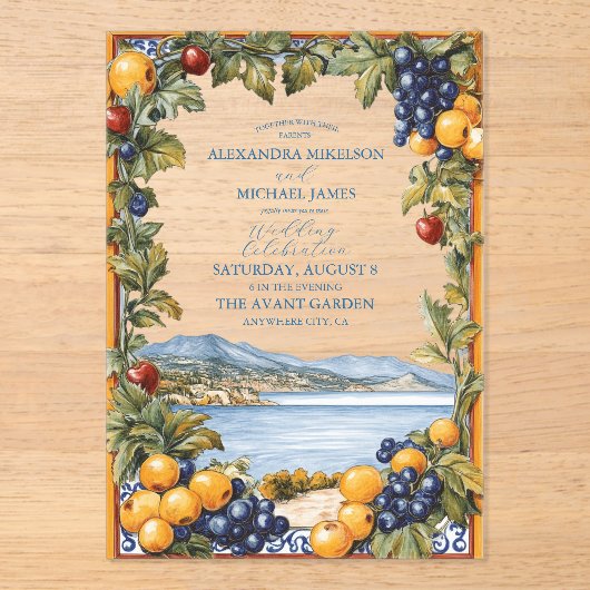 地中海の図解入りの、写真付きの結婚の アクリル招待状 (正面)