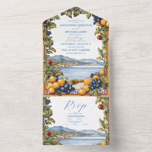 地中海の図解入りの、写真付きの結婚の オールインワン招待状 (内側)