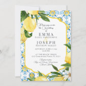 地中海の夏のレモン　輝く青いウェディング 招待状 (正面)