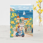 地中海の女性スクーターイラスト旅行 カード (黄色い花)