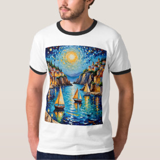 地中海の帆船モザイクTシャツデザイン Tシャツ