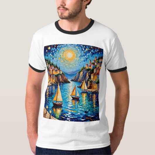 地中海の帆船モザイクTシャツデザイン Tシャツ (正面)
