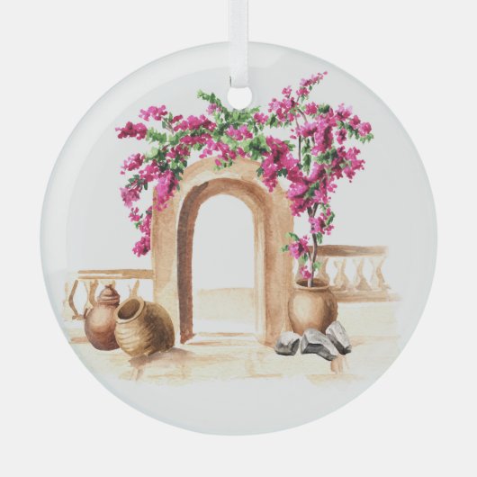 地中海の建築，花，水色， h ガラスオーナメント (正面)