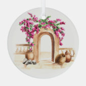 地中海の建築，花，水色， h ガラスオーナメント (裏面)