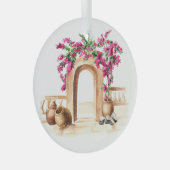 地中海の建築，花，水色， h ガラスオーナメント (正面右)