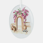 地中海の建築，花，水色， h ガラスオーナメント (正面左)