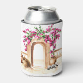 地中海の建築，花，水色， h 缶クーラー (缶正面)