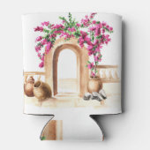 地中海の建築，花，水色， h 缶クーラー (裏面)