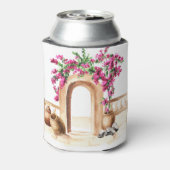 地中海の建築，花，水色， h 缶クーラー (缶裏面)