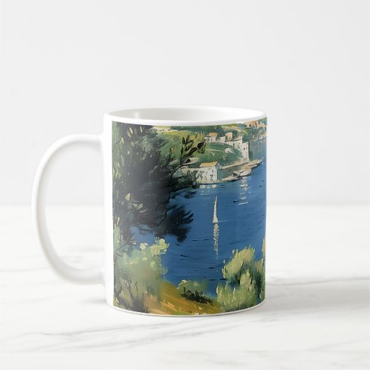 地中海の海沿いのオリーブ畑 コーヒーマグカップ (左)
