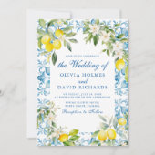 地中海の青いタイルとレモンのウェディング 招待状 (正面)