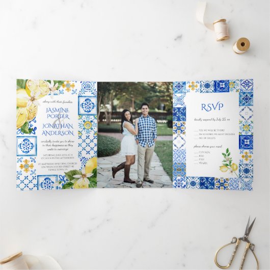 地中海の青いタ結婚イル 三つ折り招待状 (内部)