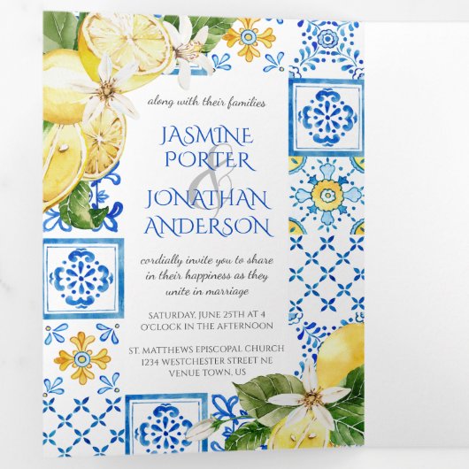 地中海の青いタ結婚イル 三つ折り招待状 (内部最初)