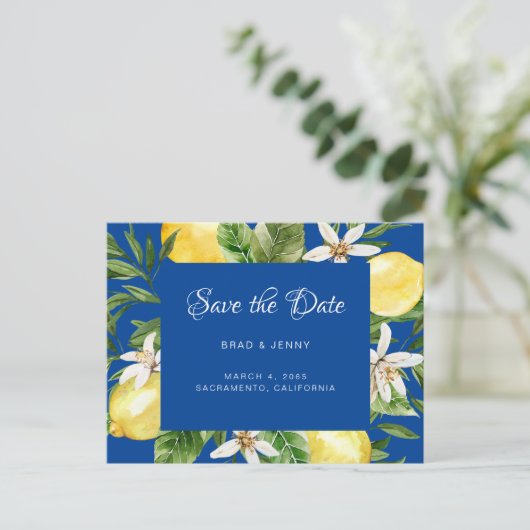 地中海の青いレモン ウェディング・セーブ・ザ・デート インビテーションポストカード (スタンド正面)
