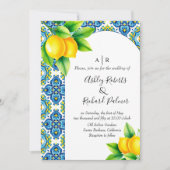 地中海の青と黄色のタイルのレモンウェディング 招待状 (正面)