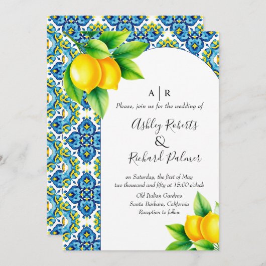 地中海の青と黄色のタイルのレモンウェディング 招待状 (正面/裏面)