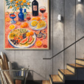 地中海の食卓の静物画 – ワインと柑橘類 ポスター