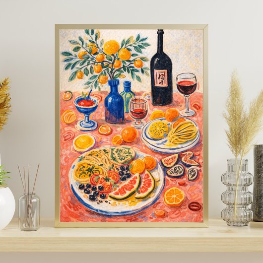 地中海の食卓の静物画 – ワインと柑橘類 ポスター