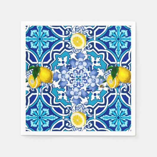 地中海の，マジョリカ，タイル，レモン，柑橘類 スタンダードカクテルナプキン (正面)