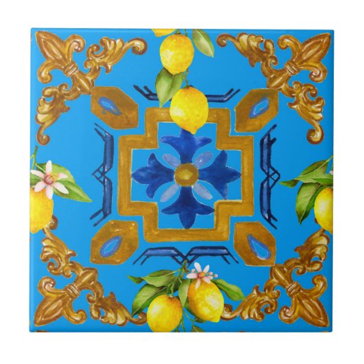 地中海の，マジョリカ，タイル，レモン，柑橘類 タイル (正面)