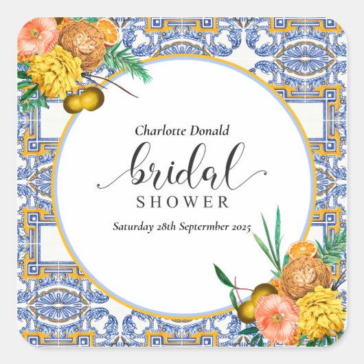 地中海イタリア 青タイル ブライダルシャワー スクエアシール (正面)