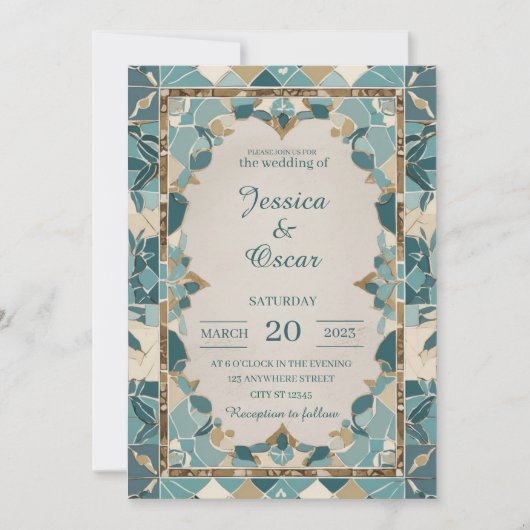 地中海ウェディングデザイン - ティール＆ゴールドモザイク 招待状 (正面)