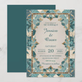 地中海ウェディングデザイン - ティール＆ゴールドモザイク 招待状 (正面/裏面)