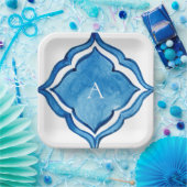 地中海コバルトブルータイル モノグラム ペーパープレート (パーティー)