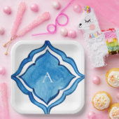 地中海コバルトブルータイル モノグラム ペーパープレート (パーティー)