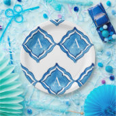 地中海コバルトブルータイル モノグラム ラウンド ペーパープレート (パーティー)