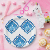 地中海コバルトブルータイル モノグラム ラウンド ペーパープレート (パーティー)