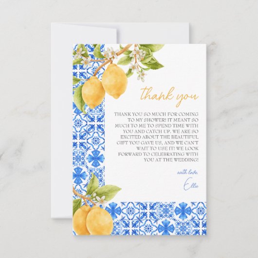 地中海スタイルのタイル イタリア レモン ブライダルシャワー サンキューカード (正面)
