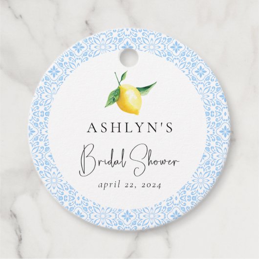 地中海スタイルのタイル レモン ブライダルシャワー フェイバータグ (正面)